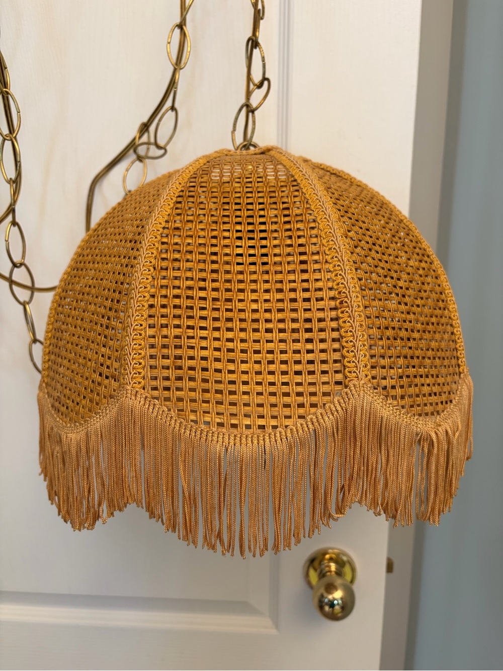 Vintage Boho Rattan Swag Lamp with Fringe | Hanging Pendant Light
